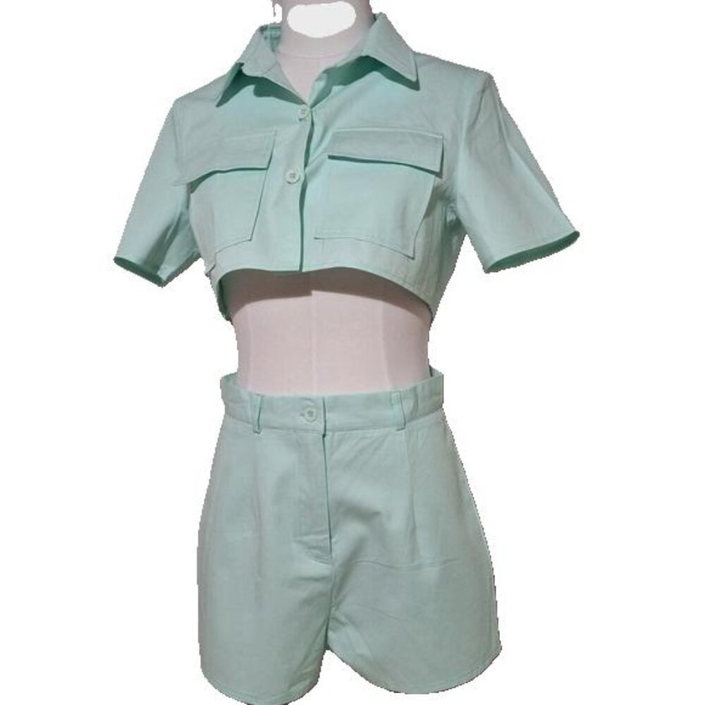 SHEIN S , solid button front blouse and short